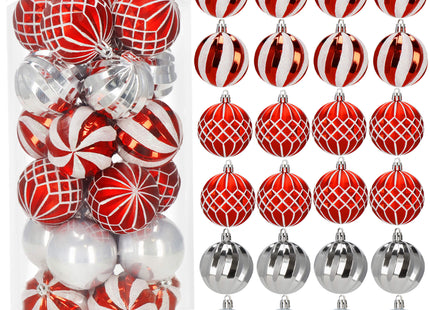 Kerstballen | 24 Stuks | 6 cm | Zilver/Rood/Grijs