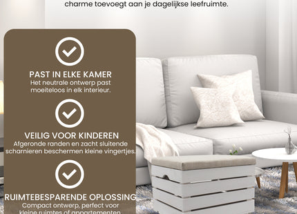 Speelgoedkist - Opbergkist - Zitbank - Schoenbank - Speelgoedbank - Speelgoedopberger - Opbergkoffer - Poef - Wit - Hout - 42 X 50 X 33 Cm