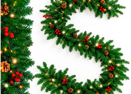 Kerstslinger met Verlichting 3 Meter – 70 Warm Witte LED Lampjes – Dennenappels en Rode Bessen – 8 Lichtstanden – Timer – IP44 – Binnen en Buiten