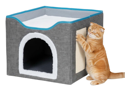 Kattenmand - Kattenhuis - Bed - Kussen - Krabpaal - 42 x 41 x 34 cm - Grijs - Blauw