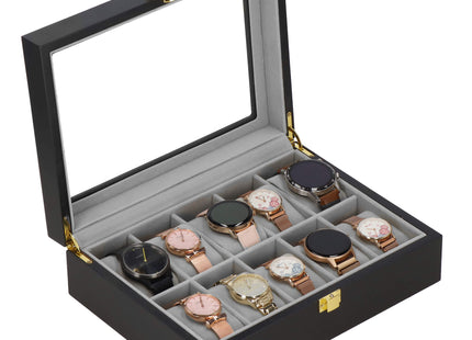 Horlogedoos - Horlogebox - Horlogeopberger - Klikgesp - Zwart - Grijs - 10 Horloges - 26,5 x 20 x 8 cm