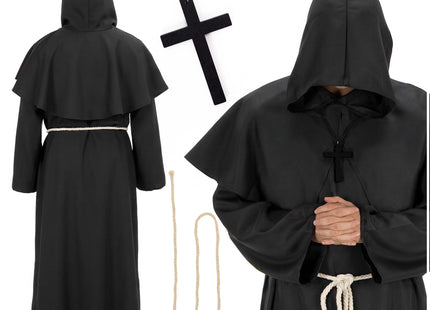 Monnikenkostuum - Volwassenen XL – Zwarte Monnikspij met Capuchon – 4-Delig Verkleedpak met Kruis en Koord – Halloween en Carnaval – 182-188 cm