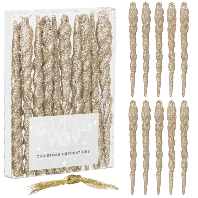 Kersthanger | Kerstboomhanger | Kerstversiering | Ijsspegel | Goud | 10 Stuks | 12 cm