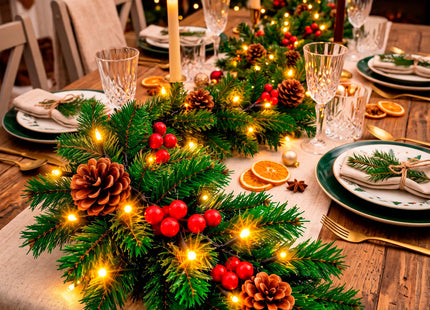 Kerstslinger met Verlichting 3 Meter – 70 Warm Witte LED Lampjes – Dennenappels en Rode Bessen – 8 Lichtstanden – Timer – IP44 – Binnen en Buiten