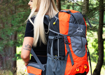 Backpack - Rugzak - Multifunctioneel - Kamperen - Reizen - Regenhoes - Fluitje - 70 Liter - Grijs/Oranje