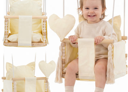 Springos® Houten Babyschommel  – Kinderschommel met Teddybeer Kussen – Verstelbare Touwen – Veiligheidsriem – Maximaal 25 kg