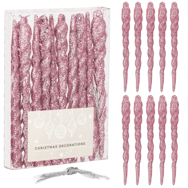 Kersthanger | Kerstboomhanger | Kerstversiering | Ijsspegel | Roze | 10 Stuks | 12 cm