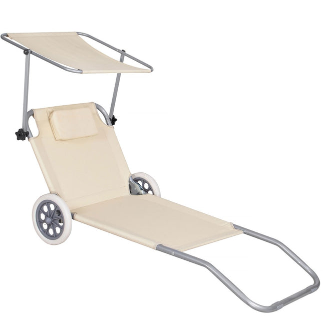 Ligbed | Ligstoel | Strandstoel | Zonnebed | Verrijdbaar | Inclusief Luifel | Beige