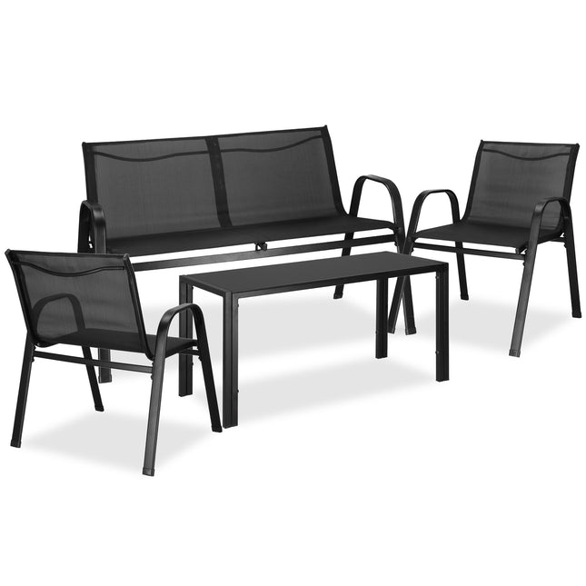 Tuinmeubelset - Bank - Stoelen - Glas - Zwart - Staal - Textileen - 120 Kg