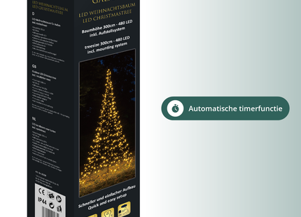Galaxy LED Kerstboom - Vlaggenmast Verlichting - Inclusief Mast - 3 Meter - Warm wit - 480 LED