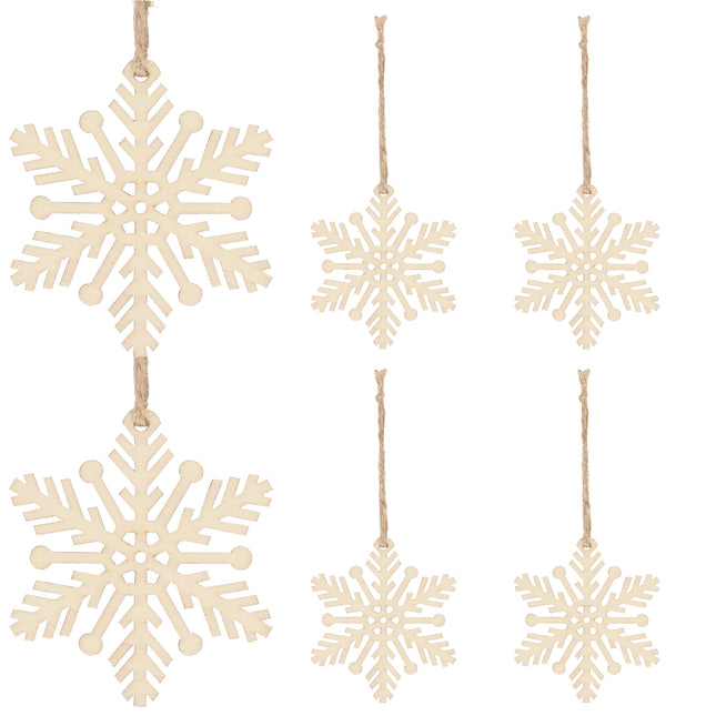 Kerstversiering | Kerstdecoratie voor binnen | Kersthanger | Sneeuwvlok | Hout | 6 Stuks | 7 cm