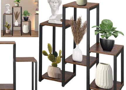 Plantenrek | Plantenstandaard | Plantentrap | 6 Niveaus | Metaal | Hout | Zwart | Donkerbruin