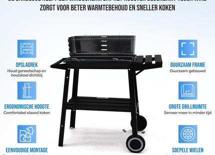 Houtskool barbecue -Op Wielen  - BBQ - Asopvangbak -  Kunststof - RVS - Zwart - Zilver