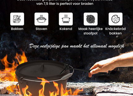 Dutch Oven - Gietijzer - Bakpan - Kookpan - 7,5 L - Multifunctioneel - Braadpan - 3 Delig - Draaggreep - Zwart