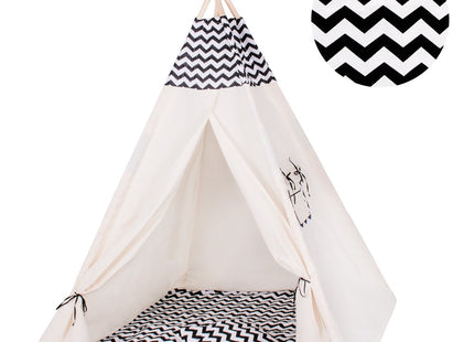Tipi Tent | Wigwam Speeltent | 120x100x180 cm | Met Mat en Kussens | Naturel Zwart | Golven