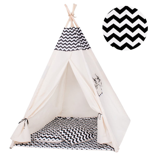 Tipi Tent | Wigwam Speeltent | 120x100x180 cm | Met Mat en Kussens | Naturel Zwart | Golven