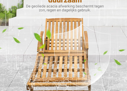 Houten Ligstoel - Ligbed -  Op Wielen -  Verstelbaar - Weersbestendig  - Uitschuiftafel - 193 x 70 x 30 Cm