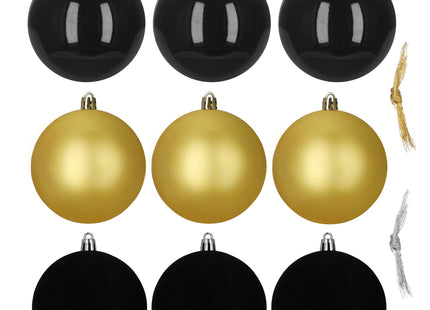 Kerstballen | 9 Stuks | 8,5 cm | Goud/Zwart