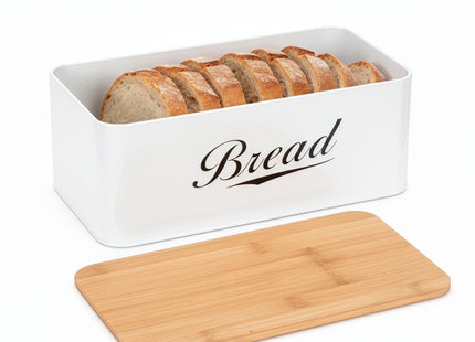 Broodtrommel Voor Op Het Aanrecht - Broodmand - Metaal - Bamboe Deksel - Wit - 30 X 23 X 13 CM