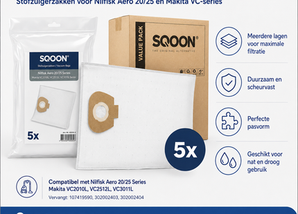 SQOON® Stofzuigerzakken Geschikt voor Nilfisk Alto / WAP / KEW AERO 20/25 & Makita VC2010 / VC2512 / VC3011 - 5 Stuks