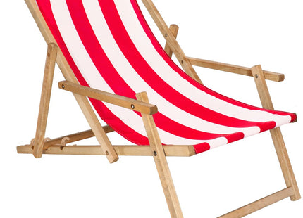 Ligbed | Strandstoel | Ligstoel | Verstelbaar | Arm Leuning | Beukenhout | Geïmpregneerd | Handgemaakt | Rood Wit