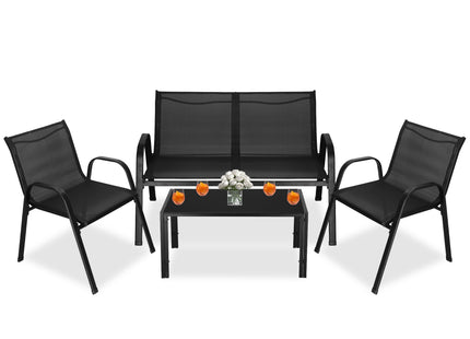 Tuinmeubelset - Bank - Stoelen - Glas - Zwart - Staal - Textileen - 120 Kg