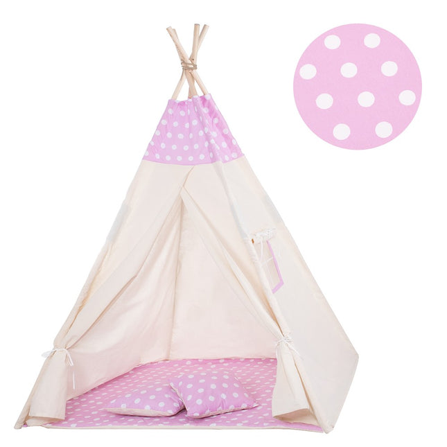 Tipi Tent | Wigwam Speeltent | 120x100x180 cm | Met Mat en Kussens | Naturel Roze | Stippen