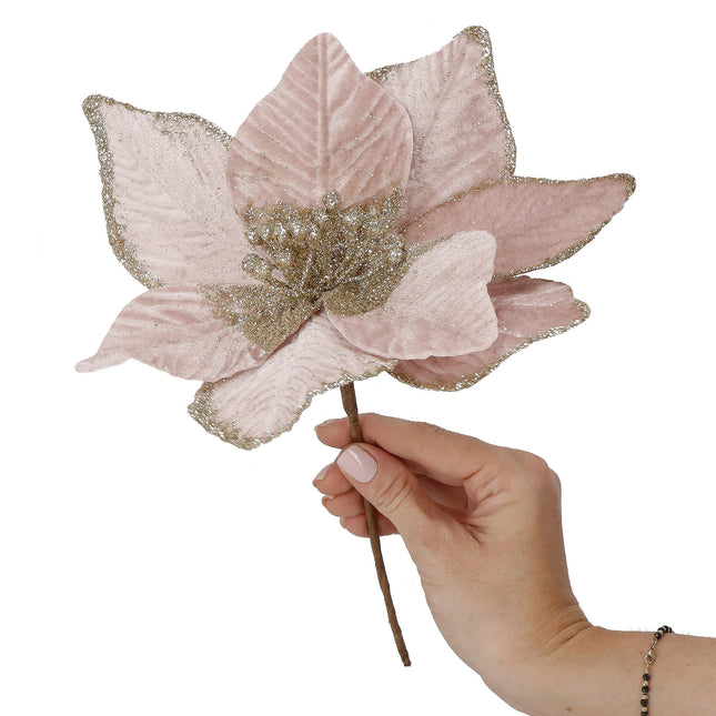 Kunstbloem Met Clip- Poinsettiatak - Ster van Bethlehem - Roze - Glitters