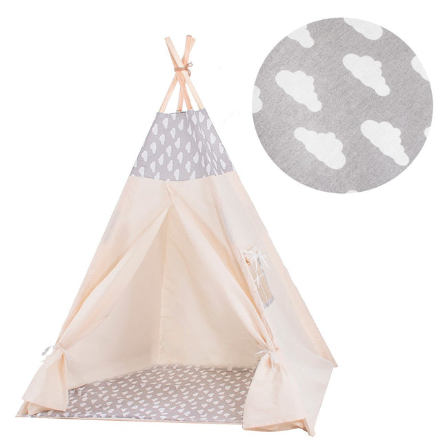 Tipi Tent | Wigwam Speeltent | 120x100x180 cm | Met Mat en Kussens | Naturel Grijs | Wolken