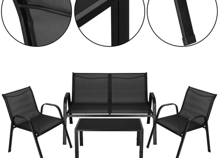 Tuinmeubelset - Bank - Stoelen - Glas - Zwart - Staal - Textileen - 120 Kg