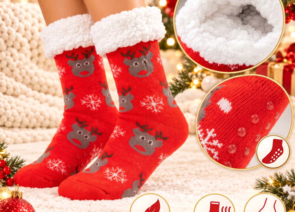 Kerstsokken  – Rood – Maat 40-44 – Warme Gevoerde Sokken met Antislip – Rendieren en Sneeuwvlokken – Zachte Wintersokken