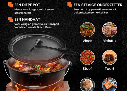 Dutch Oven - Gietijzer - Bakpan - Kookpan - 7,5 L - Multifunctioneel - Braadpan - 3 Delig - Draaggreep - Zwart
