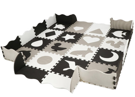 Speelmat | Speelmat Foam | Puzzelmat | Figuren | 16 Puzzelstukken | 150 x 150 cm | Zwart/Wit/Grijs