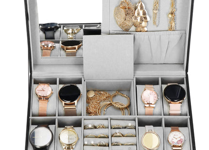 Horlogedoos - Horlogebox - Horlogeopberger - Spiegel - Zwart - Grijs  - 8 Horloges -  30 x 20 x 8 cm