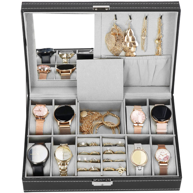Horlogedoos - Horlogebox - Horlogeopberger - Spiegel - Zwart - Grijs  - 8 Horloges -  30 x 20 x 8 cm