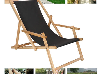 Ligbed | Strandstoel | Ligstoel | Verstelbaar | Arm Leuning | Beukenhout | Geïmpregneerd | Handgemaakt | Zwart