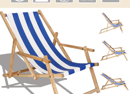 Ligbed | Strandstoel | Ligstoel | Verstelbaar | Arm Leuning | Beukenhout | Geïmpregneerd | Handgemaakt | Blauw Wit