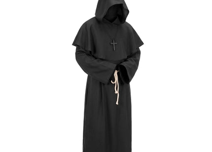Monnikenkostuum - Volwassenen XL – Zwarte Monnikspij met Capuchon – 4-Delig Verkleedpak met Kruis en Koord – Halloween en Carnaval – 182-188 cm