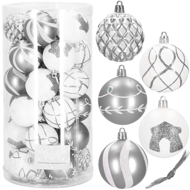 Kerstballen | 30 Stuks | 6 cm | Zilver/ Wit