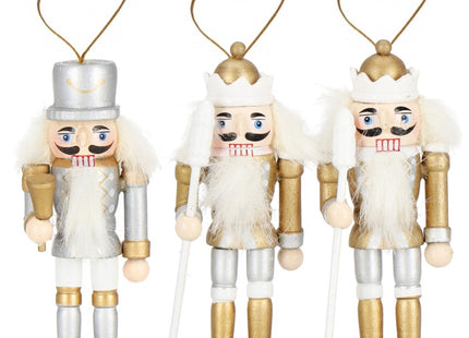 Notenkraker Kerst | Houten Soldaat | Kerstversiering | 3 Stuks | Zilver/Wit/Goud | 8 cm