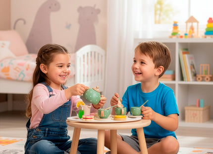 Springos ® Houten Theeservies - 13-delige Theeset met Theepot, Kopjes, Taartjes en Koekjes - Groen