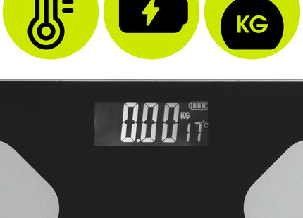 Weegschaal - Badkamerweegschaal -  Bluetooth -  Met Display - Elektronisch - Gehard Glas - 180 KG -  400 lbs -  App - 26 x 26 x 2 cm - Zwart