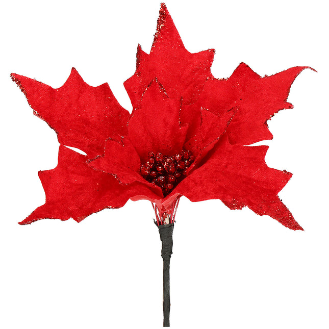 Kunstbloem - Rode Poinsettia - Ster van Bethlehem - Rood - Glitters