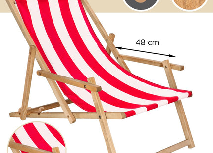 Ligbed | Strandstoel | Ligstoel | Verstelbaar | Arm Leuning | Beukenhout | Geïmpregneerd | Handgemaakt | Rood Wit