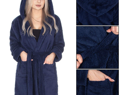 Badjas - Fleece - Marineblauw - Capuchon - Riem - Maat L/XL