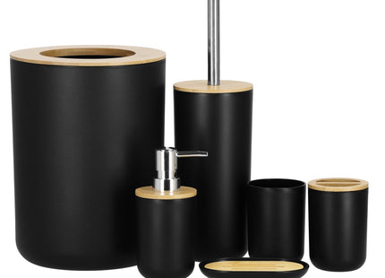 Badkamerset | Prullenbak | Zeepbakje | Toiletborstel | Zeepdispenser | Set van 6 | Zwart/Naturel