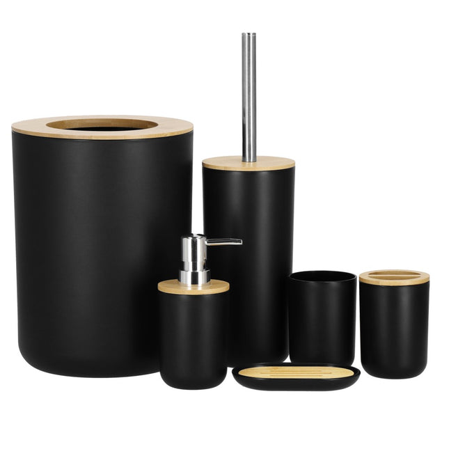 Badkamerset | Prullenbak | Zeepbakje | Toiletborstel | Zeepdispenser | Set van 6 | Zwart/Naturel