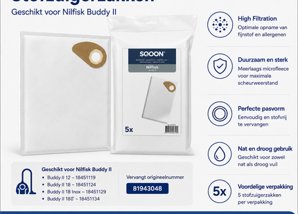 SQOON® Stofzuigerzakken  Geschikt voor Nilfisk Buddy II - Vervangt 81943048 - High Filtration - Voor Industrieel Gebruik