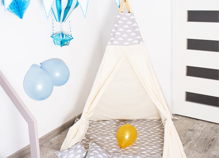 Tipi Tent | Wigwam Speeltent | 120x100x180 cm | Met Mat en Kussens | Naturel Grijs | Wolken