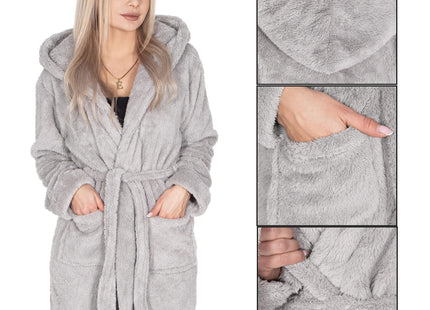 Badjas - Fleece - Lichtgrijs - Capuchon - Riem - Maat L/XL
